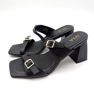 Mia Rene Double Buckle Block Heel Sandals Women's Black Size US7.5M EU37.5